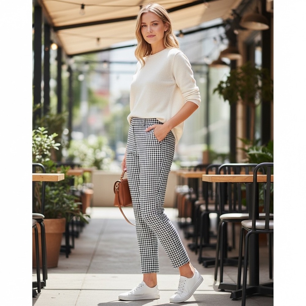 Gap Curvy Signature Skinny Ankle Pants 12 Navy White Gingham Check 440958-01-1